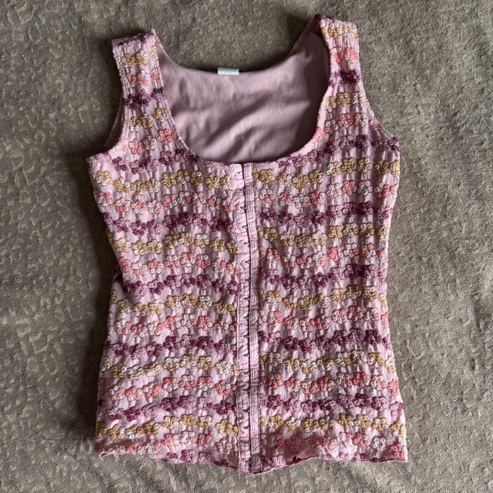 American Vintage Pink Multicolor Crochet-Stripe Zip Tank